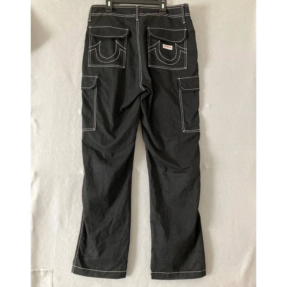 True Religion Brand Jeans Cargo Pants Jet Black Men Size 32 Baggy Y2K Streetwear